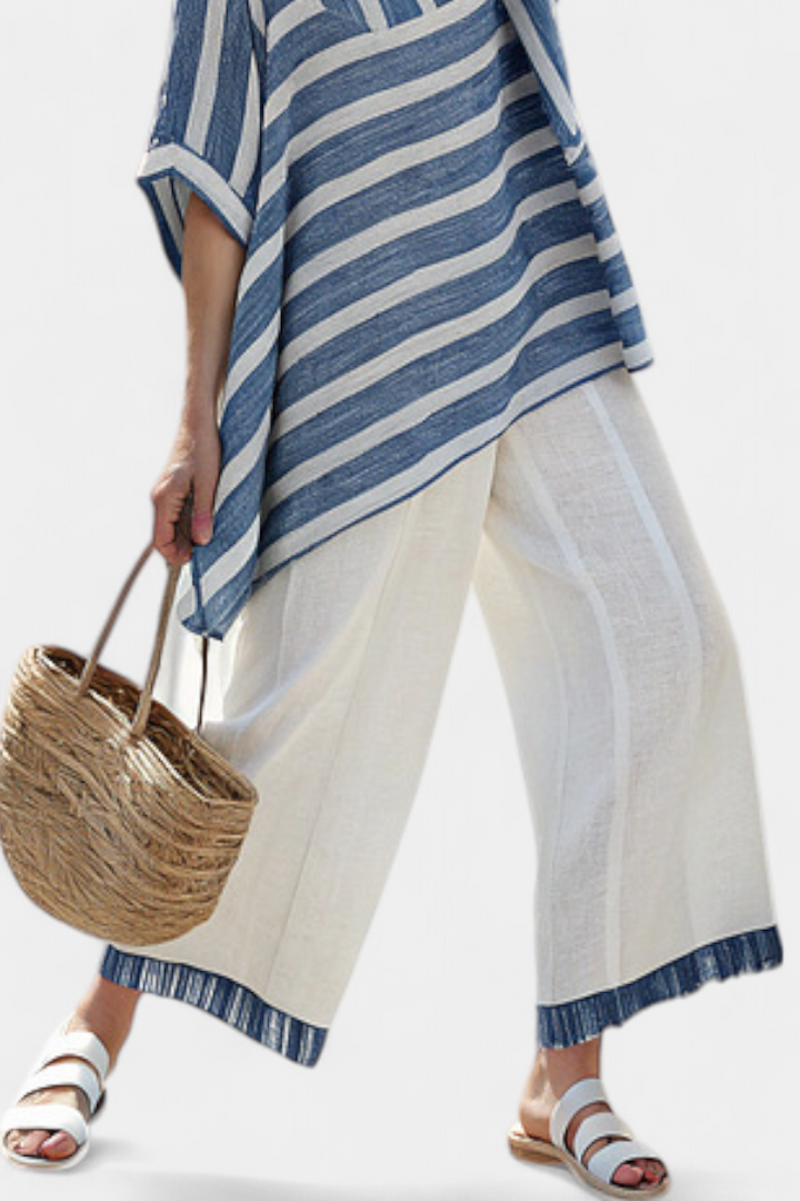 Elegantni Mediteranski Set od Ljena s Plavim Prugama i Hlačama s Okošem za Svjež i Elegantni Izgled