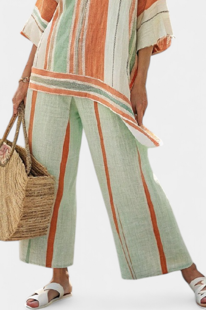 Elegantni Set od Lino Bambusa s Prugama i Asimetričnom Bluza i Širokim Hlačama za Rafinirani Stil