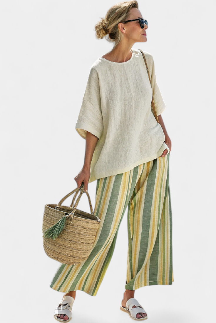 Daisy komplet od bambusovog lana Mediteranski s maslinastim prugama za osvježavajući i elegantan stil