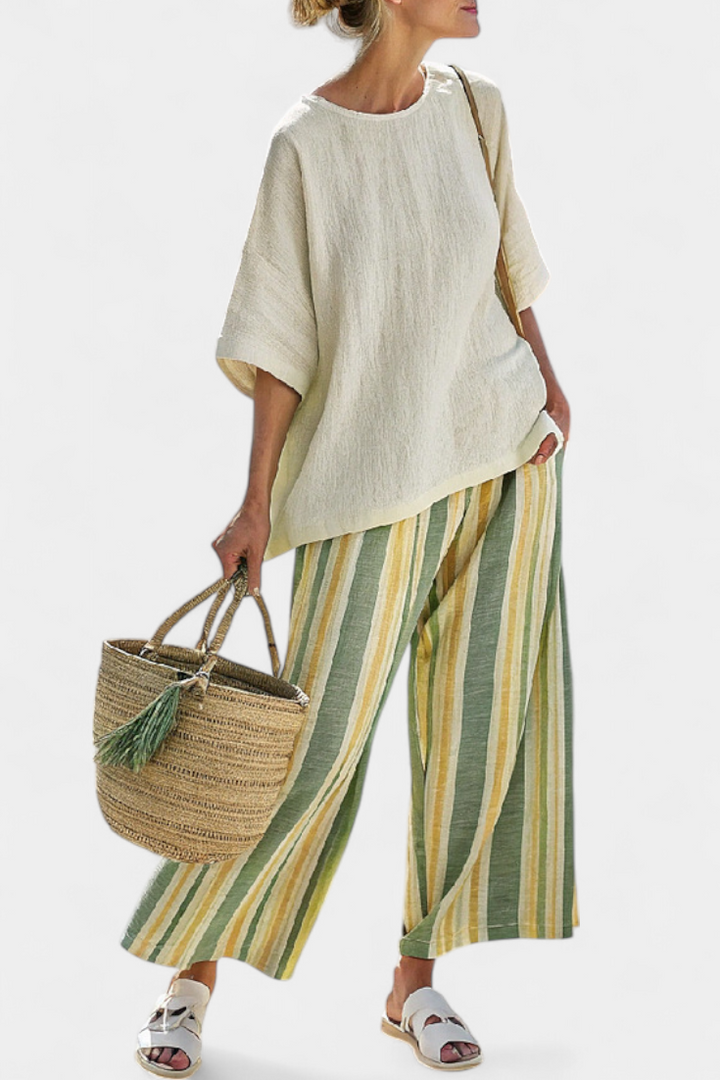 Daisy komplet od bambusovog lana Mediteranski s maslinastim prugama za osvježavajući i elegantan stil
