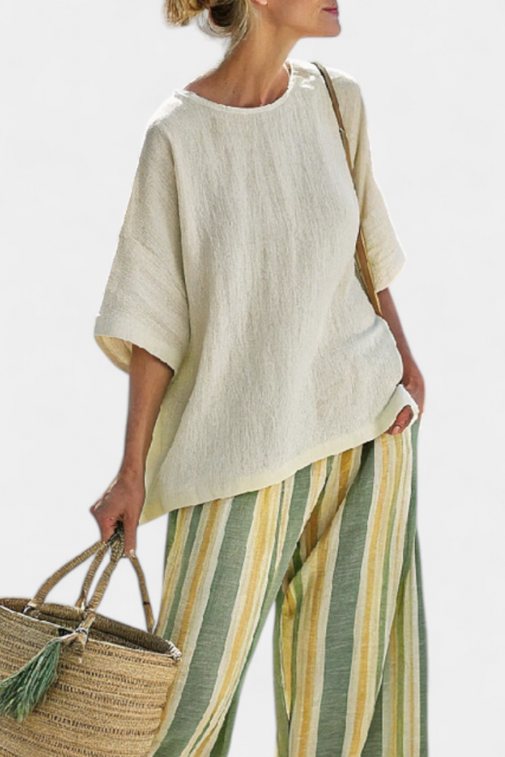Daisy komplet od bambusovog lana Mediteranski s maslinastim prugama za osvježavajući i elegantan stil